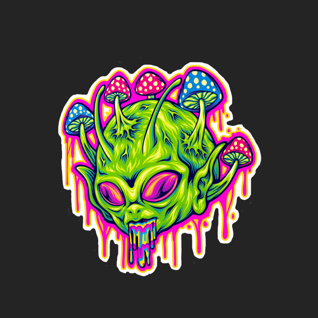 Cosmic Alien Head in Surreal Trippy Sticker